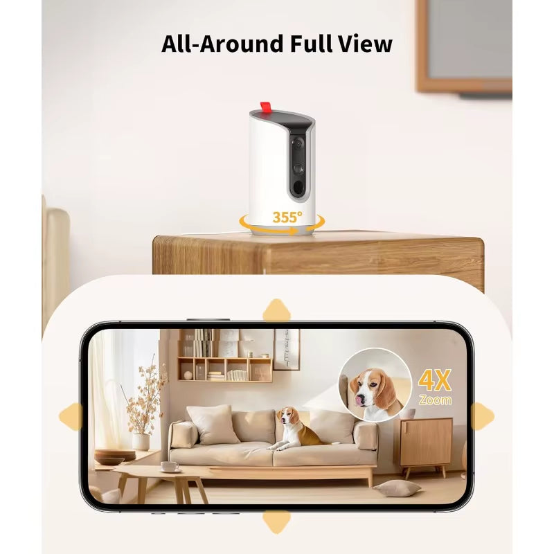 2K Pet Camera Treat Dispenser, 360°View Dog Camera with Phone App, 5G&2.4G Wifi 2-Way Talk Pet Camera Indoor for Cats Remote Tre
