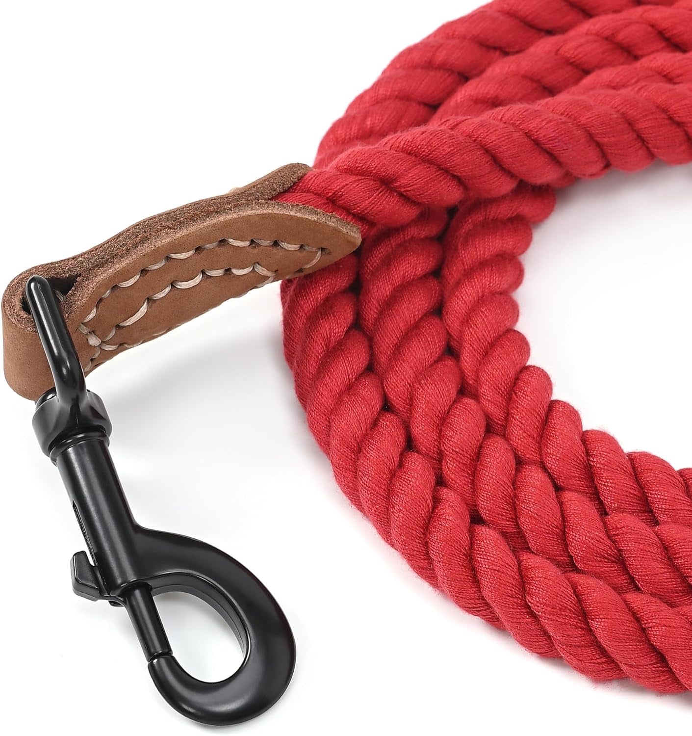 Dog Leash, Braided Cotton Rope Leashes with Leather Tailor Tip with Leather Tip - Heavy Duty Metal Clasp, 5FT, 1/2" Thick - Wedding, Walking Leash for Medium Large Dogs(Red)