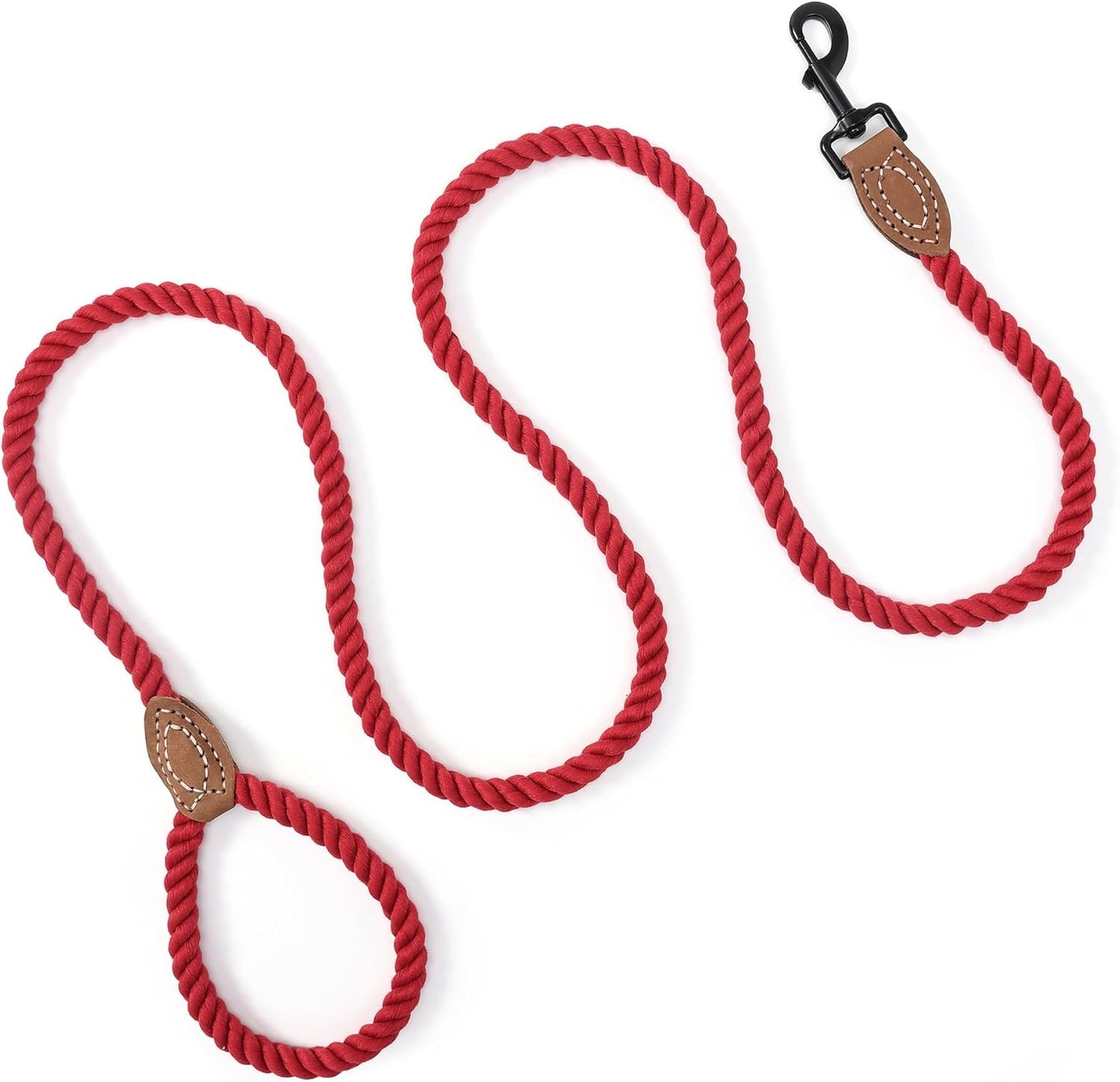 Dog Leash, Braided Cotton Rope Leashes with Leather Tailor Tip with Leather Tip - Heavy Duty Metal Clasp, 5FT, 1/2" Thick - Wedding, Walking Leash for Medium Large Dogs(Red)